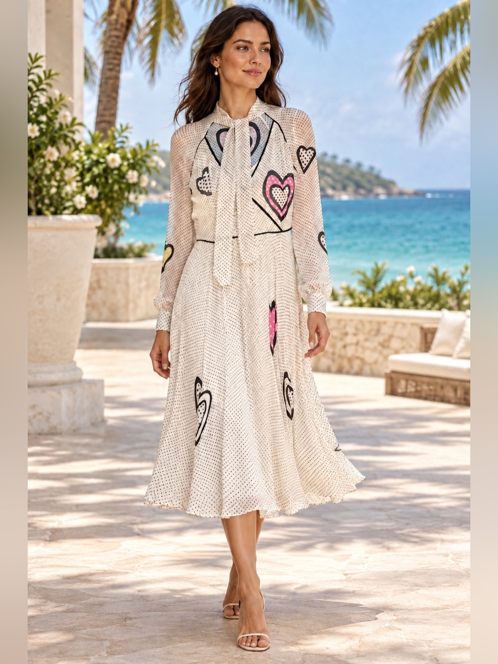 Silk midi pleated dress with hearts S